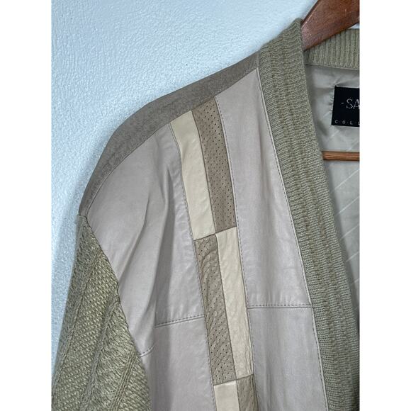 VTG SAXONY Leather Sweater Cardigan M Tan Color Block Dad Grandpa Aesthetic - Picture 7 of 16